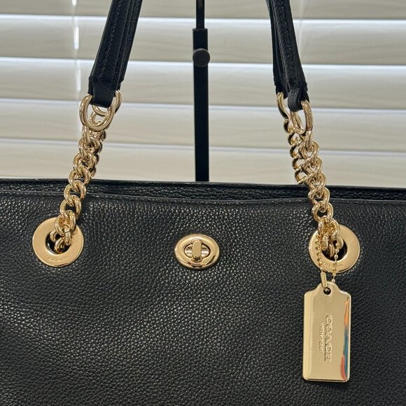 COACH TURNLOCK CHAIN TOTE Black Pebbled Leather Shoulder Bag Work Travel Casual - Picture 3 of 16
